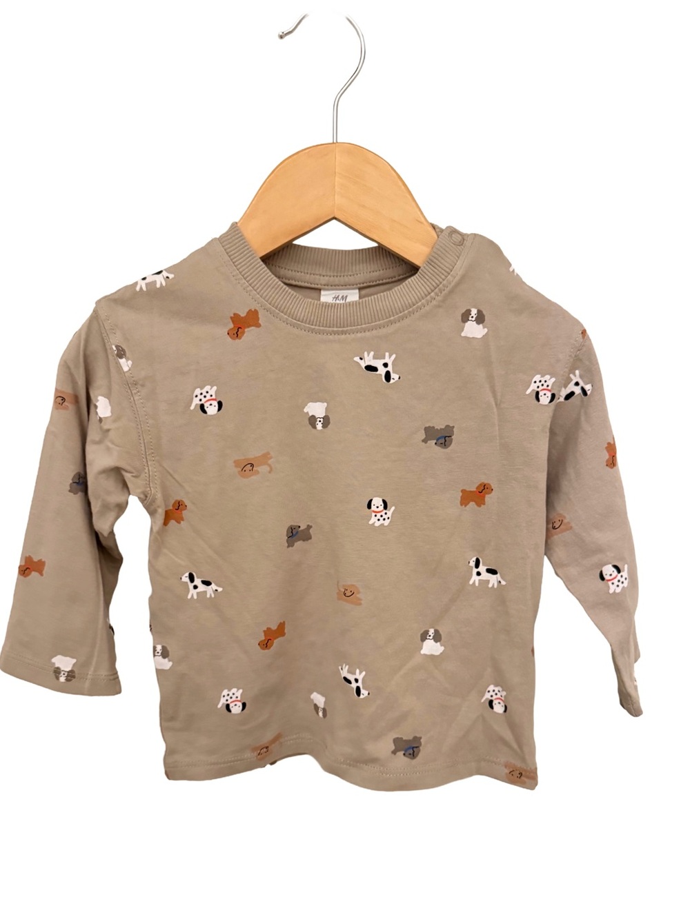 H&M Taupe Long-Sleeve Tee with Puppy Pattern 12 Months